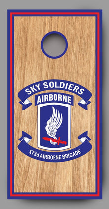 Sky Soldiers Airborne on Wood Grain Cornhole Board Decal Wraps