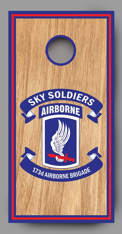Sky Soldiers Airborne on Wood Grain Cornhole Board Decal Wraps