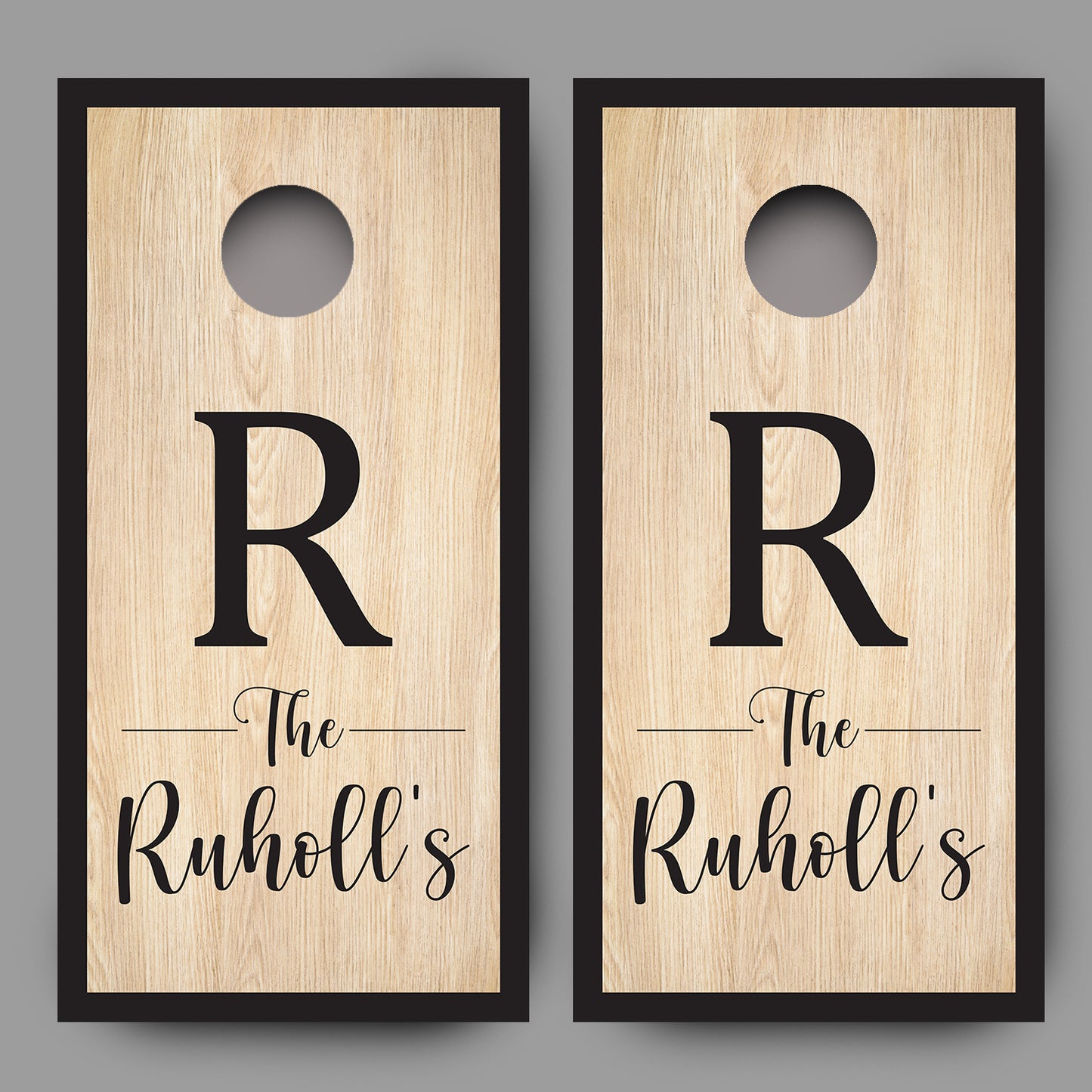 Custom Family Name on Wood Grain Cornhole Board Decal Wraps