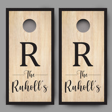 Custom Family Name on Wood Grain Cornhole Board Decal Wraps