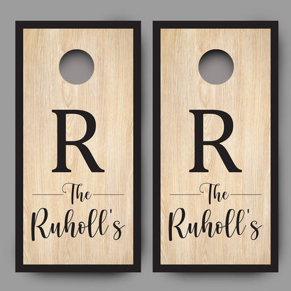 Custom Family Name on Wood Grain Cornhole Board Decal Wraps