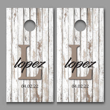 Custom Name and Date on Rustic White Wood Cornhole Board Decal Wraps