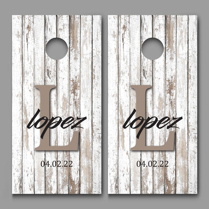 Custom Name and Date on Rustic White Wood Cornhole Board Decal Wraps