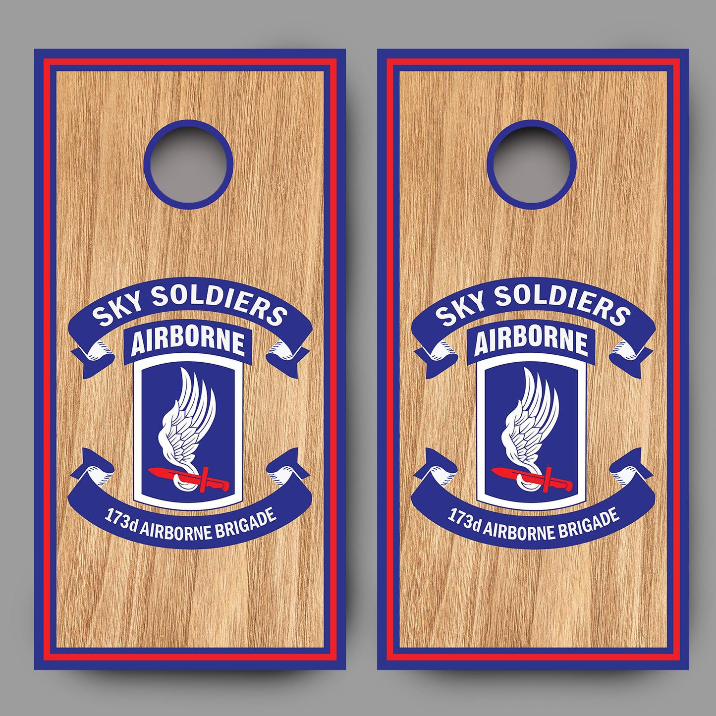 Sky Soldiers Airborne on Wood Grain Cornhole Board Decal Wraps