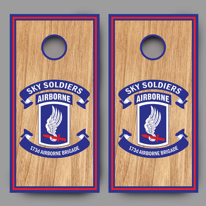 Sky Soldiers Airborne on Wood Grain Cornhole Board Decal Wraps
