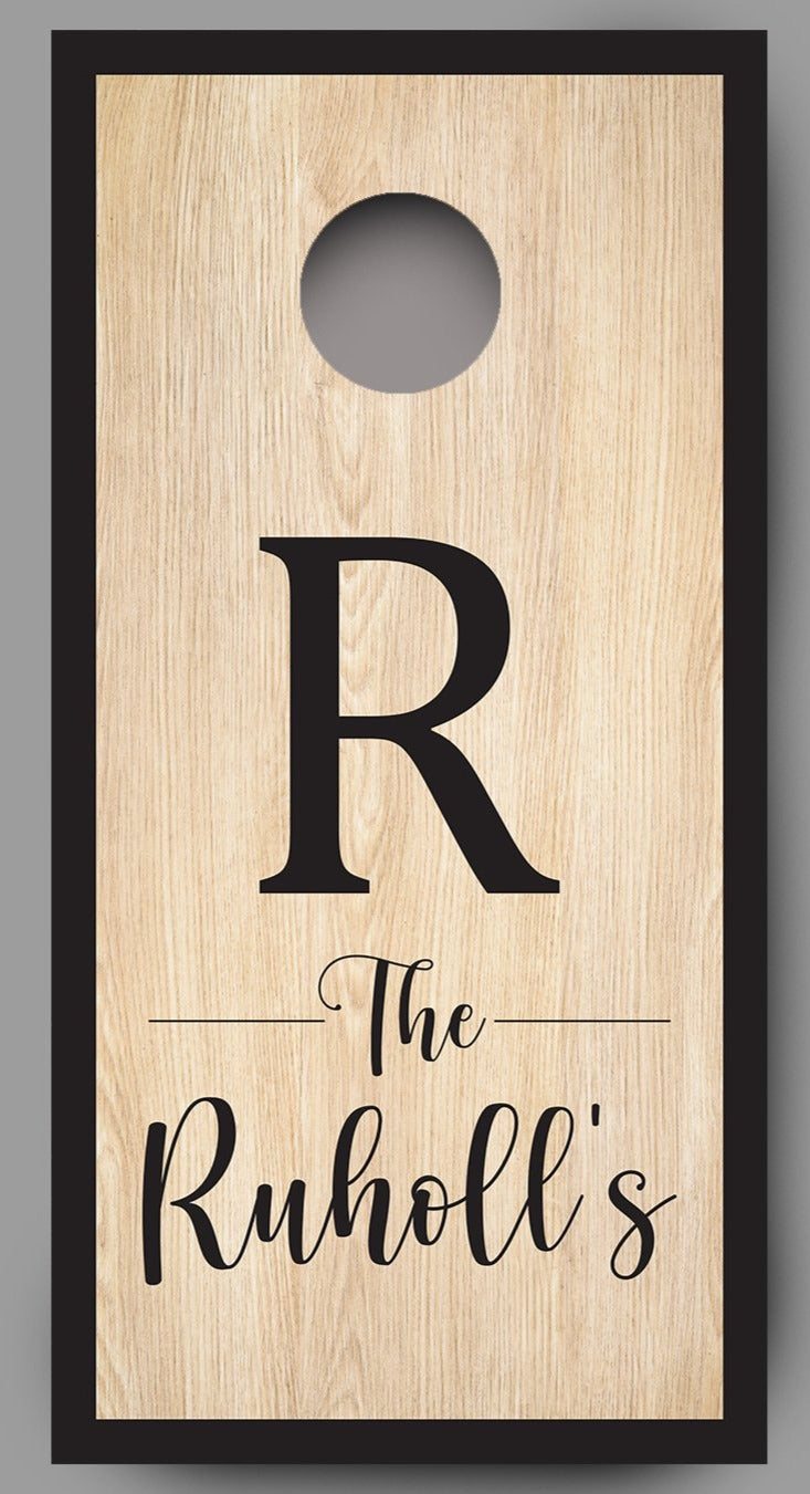 Custom Family Name on Wood Grain Cornhole Board Decal Wraps