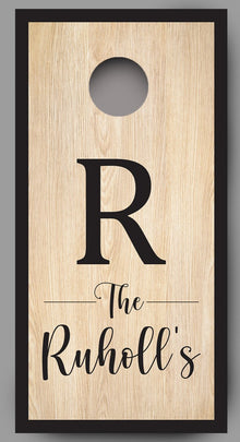 Custom Family Name on Wood Grain Cornhole Board Decal Wraps