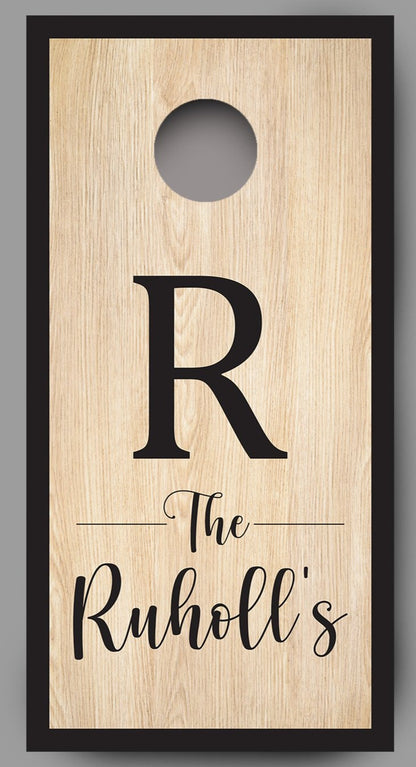 Custom Family Name on Wood Grain Cornhole Board Decal Wraps