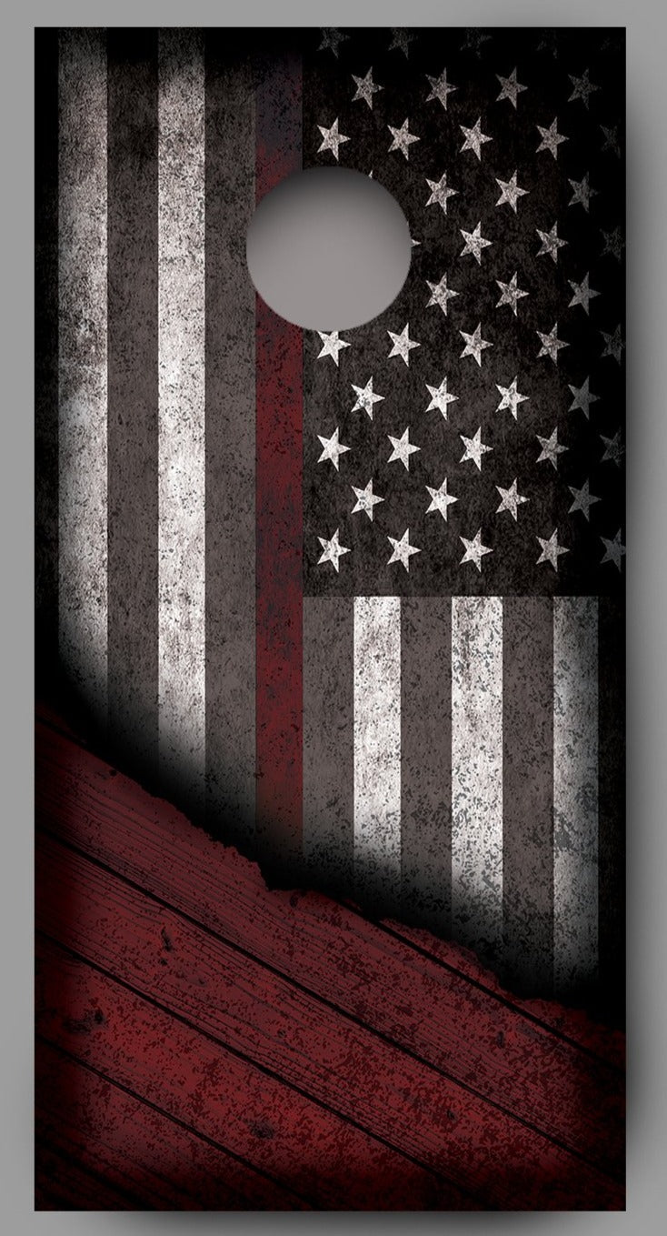 Distressed American Flag with Red Line Corn Hole Wrap
