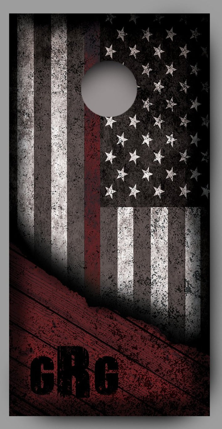 Custom Initialed Distressed American Flag with Red Line Corn Hole Wrap