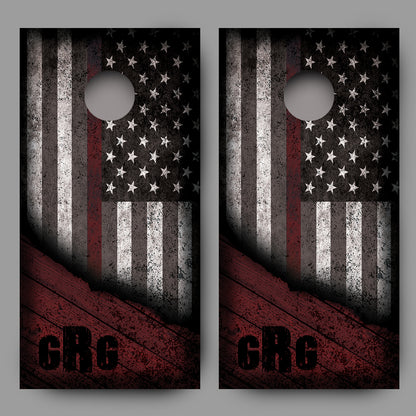 Custom Initialed Distressed American Flag with Red Line Corn Hole Wrap
