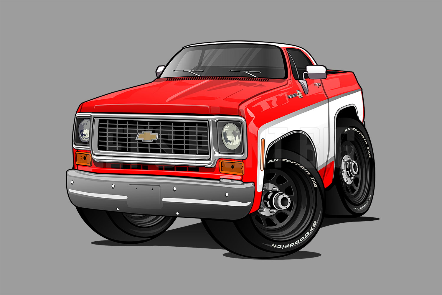 Car Art Red White Square Body 4x4 pickup truck Hot Rod Cartoon Wall Decal
