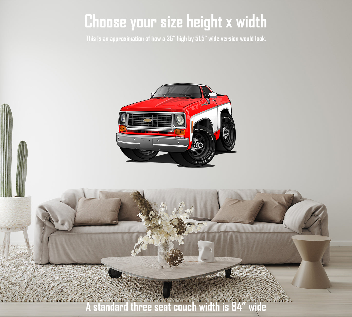 Car Art Red White Square Body 4x4 pickup truck Hot Rod Cartoon Wall Decal