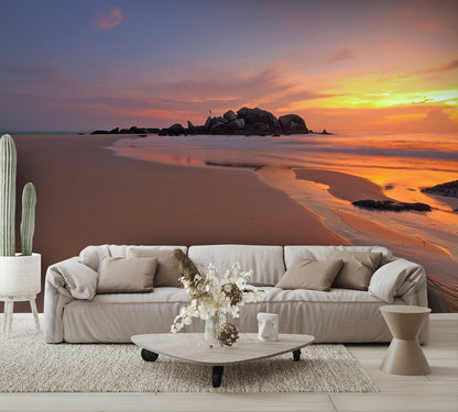 Beach Sunset Rocks Custom Designed Wallpaper