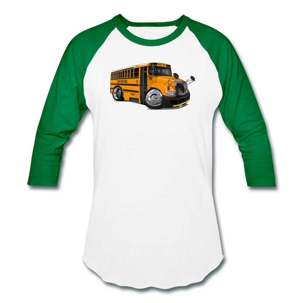 2017 International School Bus Car Art Baseball T-Shirt - white/kelly green