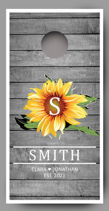 Custom Sunflower on Wood Grain with Names Date Cornhole Board Decal Wraps