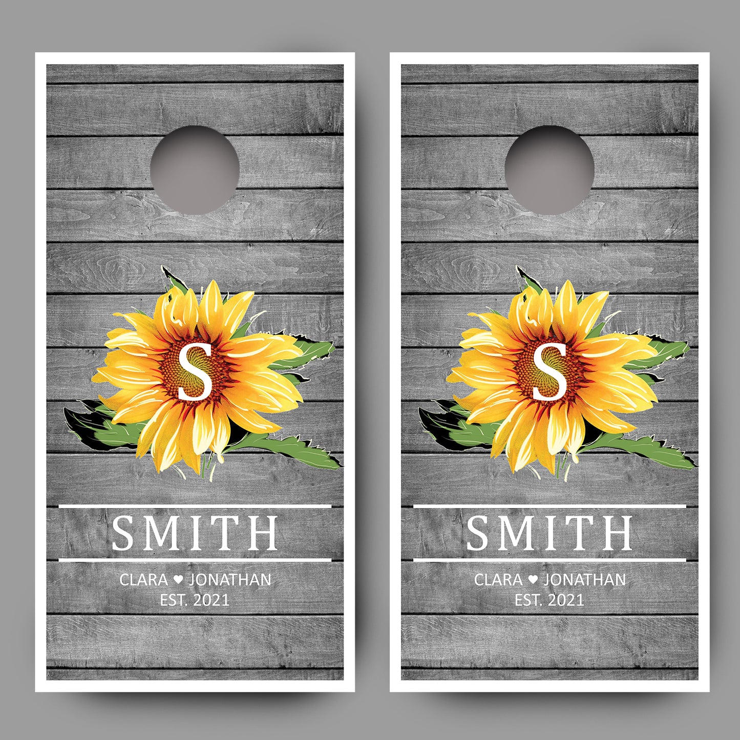 Custom Sunflower on Wood Grain with Names Date Cornhole Board Decal Wraps