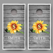 Custom Sunflower on Wood Grain with Names Date Cornhole Board Decal Wraps