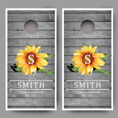 Custom Sunflower on Wood Grain with Names Date Cornhole Board Decal Wraps