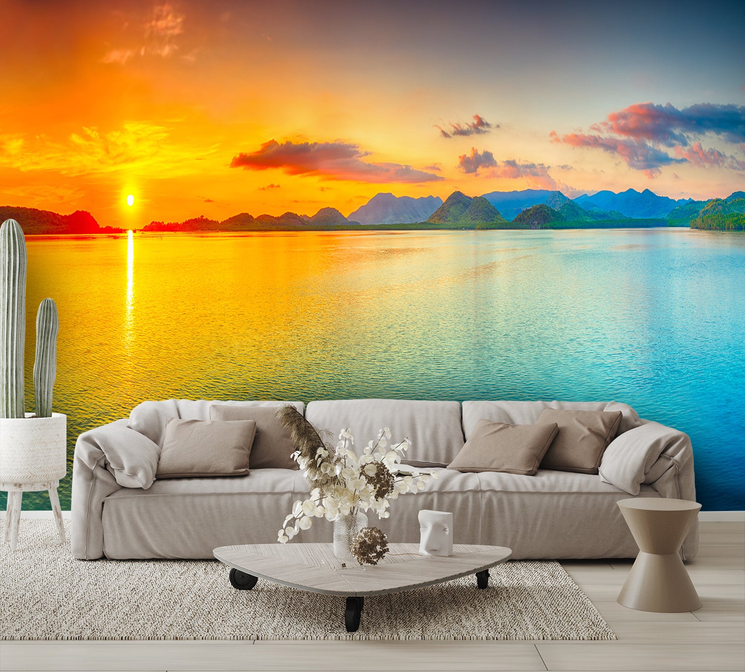 Beautiful Wallpaper Sunset on Water Wallpaper Mural living room couch
