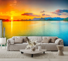 Beautiful Wallpaper Sunset on Water Wallpaper Mural living room couch