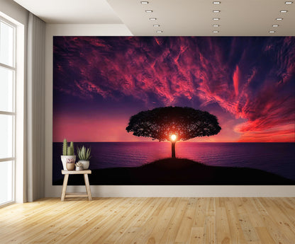 Sunset Over Water Through Tree Custom Designed Wallpaper