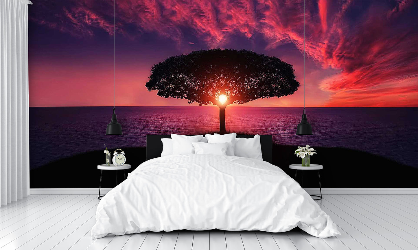 Sunset Over Water Through Tree Custom Designed Wallpaper