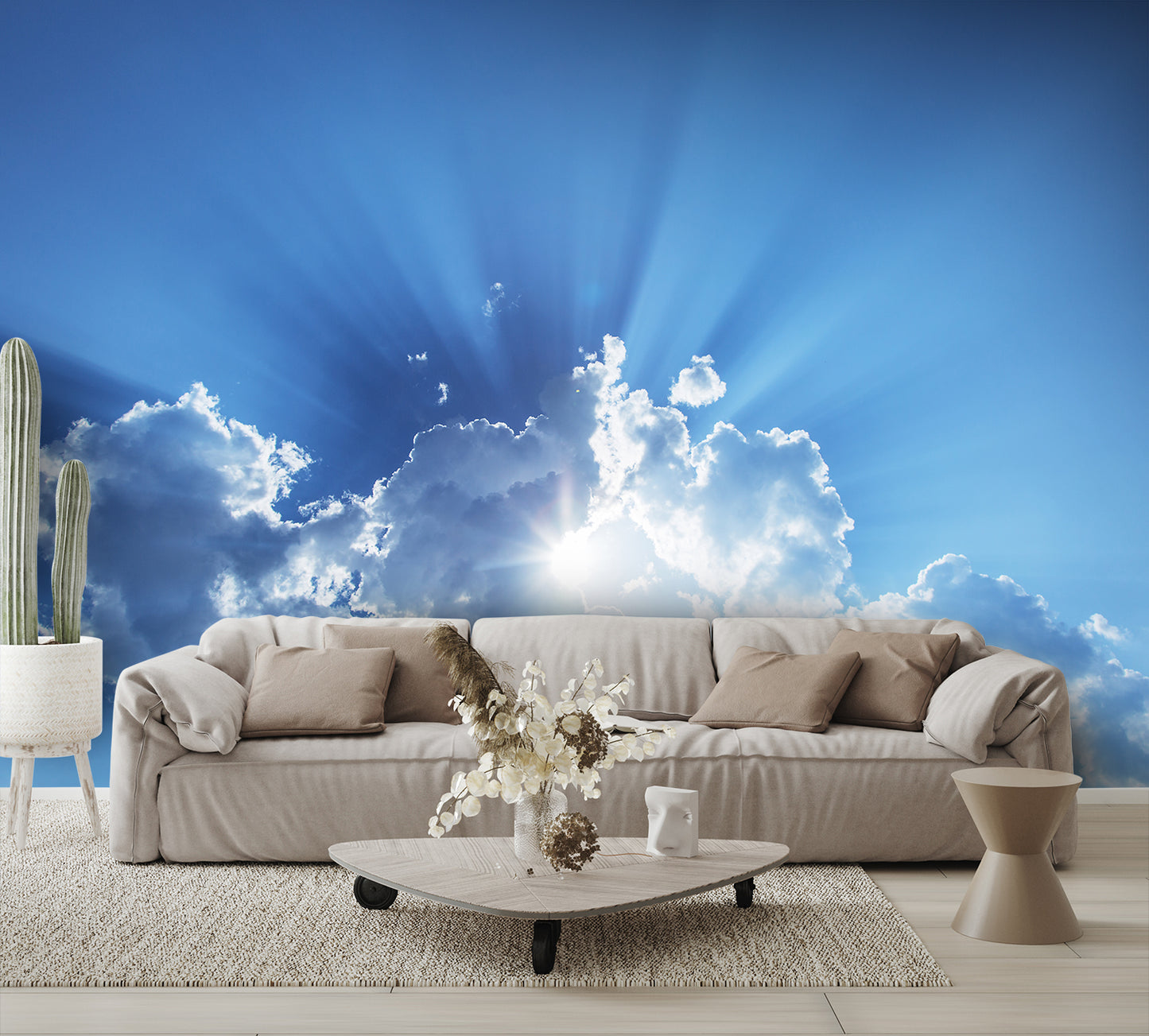 Wall Mural Sunlight rays wallpaper Among White Clouds living room couch