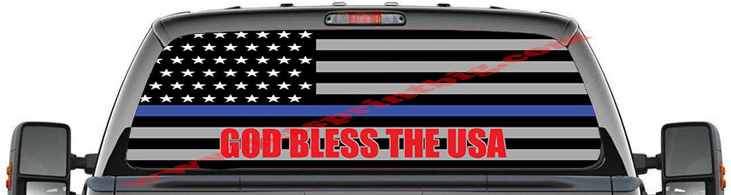 Thin Blue Line American Flag God Bless USA Red Rear Window Decal Graphic