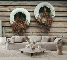 Rustic Tires with Plants on Wood Texture Mural Wallpaper