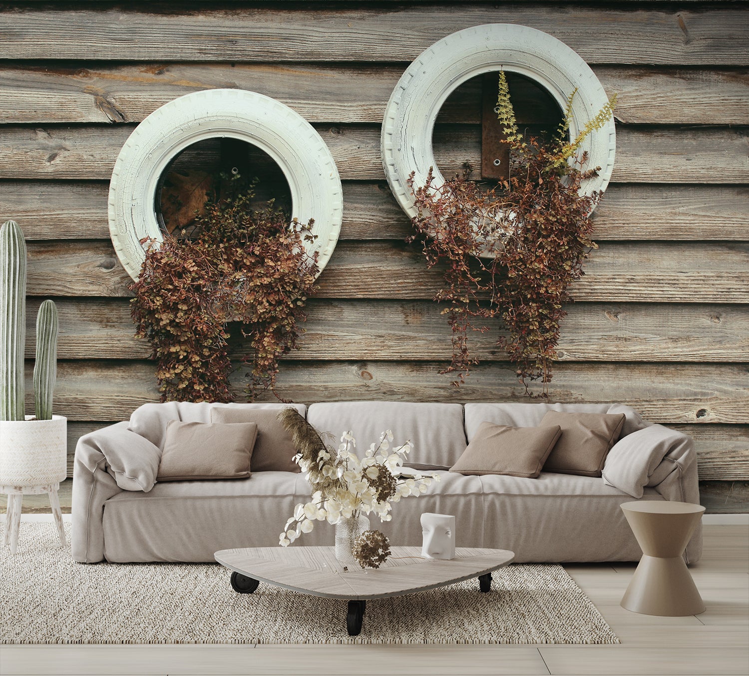 Rustic Tires with Plants on Wood Texture Mural Wallpaper