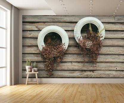 Rustic Tires with Plants on Wood Texture Mural Wallpaper