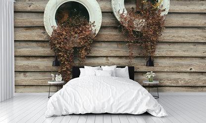Rustic Tires with Plants on Wood Texture Mural Wallpaper