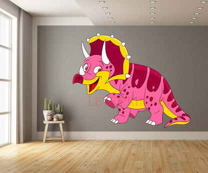 Triceratops Cartoon Pink, Yellow, and Red Wall Art Decal
