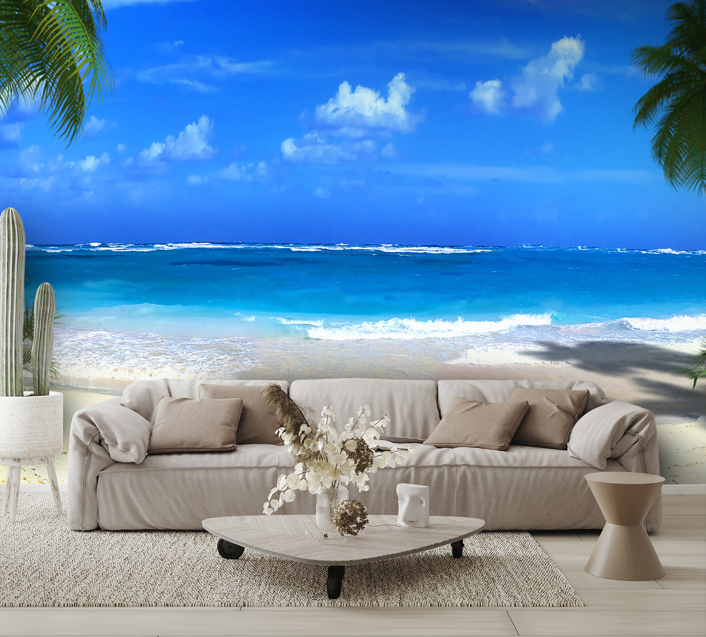 Custom High Resolution Wallpaper Tropical Beach Mural living room couch