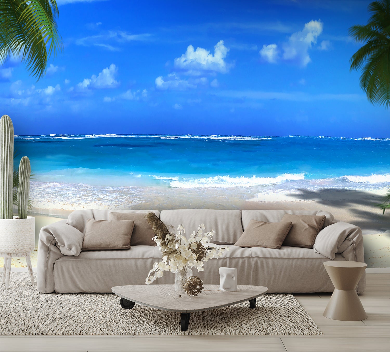 Custom High Resolution Wallpaper Tropical Beach Mural living room couch
