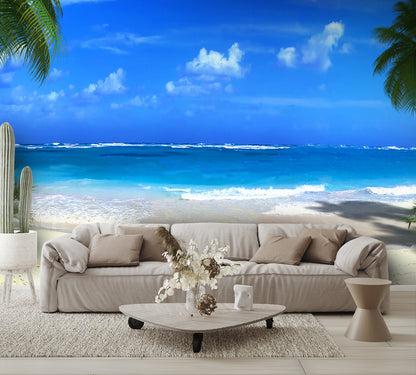Custom High Resolution Wallpaper Tropical Beach Mural living room couch