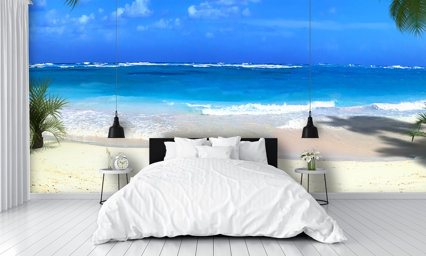 Custom High Resolution Wallpaper Tropical Beach Mural bedroom bed