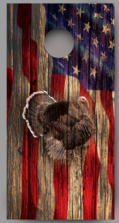 Rustic Wood Turkey American Flag Fade Cornhole Board Decal Wrap