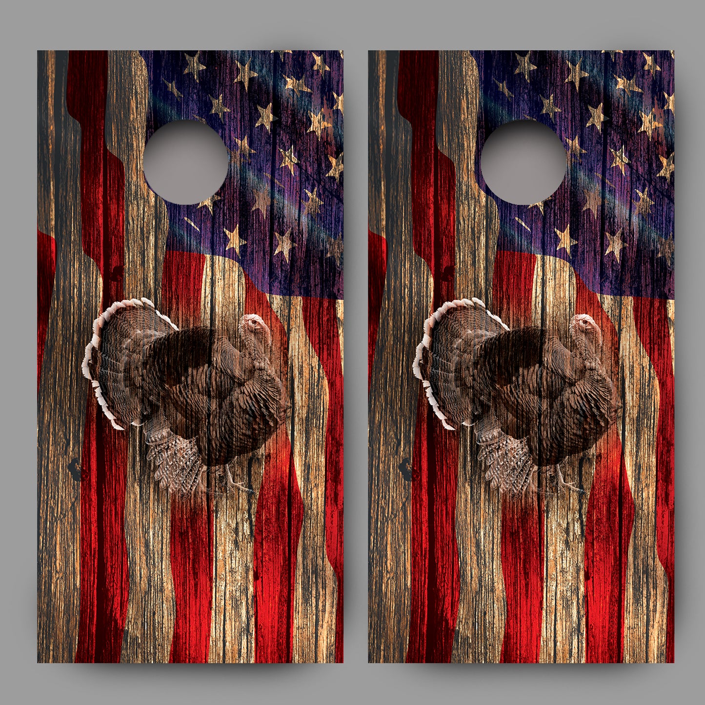 Rustic Wood Turkey American Flag Fade Cornhole Board Decal Wrap