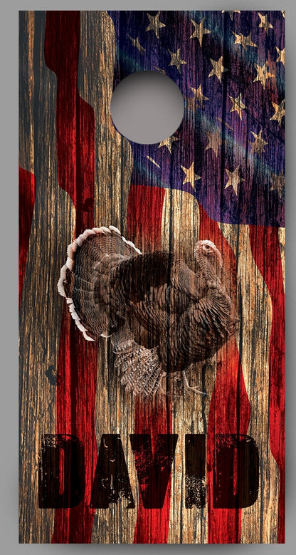 Turkey Wood American Flag Customized With Your Name Corn Hole Wrap