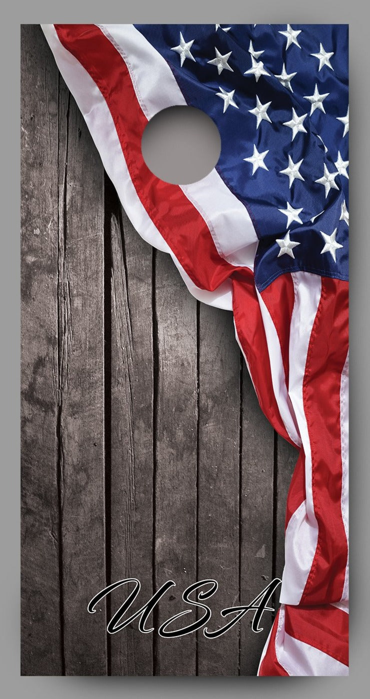 USA American Flag on Rustic Wood Background Corn Hole Decal Wrap