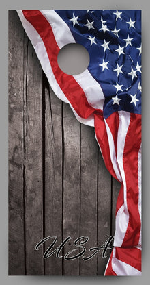USA American Flag on Rustic Wood Background Corn Hole Decal Wrap