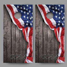 USA American Flag on Rustic Wood Background Corn Hole Decal Wrap