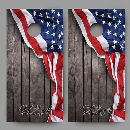 USA American Flag on Rustic Wood Background Corn Hole Decal Wrap