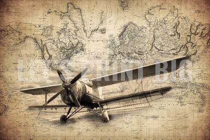 Sepia Vintage Airplane and World Map Custom Designed Wallpaper