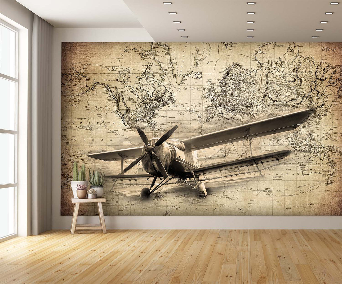 Sepia Vintage Airplane and World Map Custom Designed Wallpaper