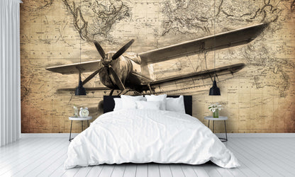 Sepia Vintage Airplane and World Map Custom Designed Wallpaper