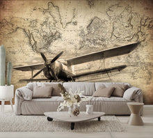 Sepia Vintage Airplane and World Map Custom Designed Wallpaper