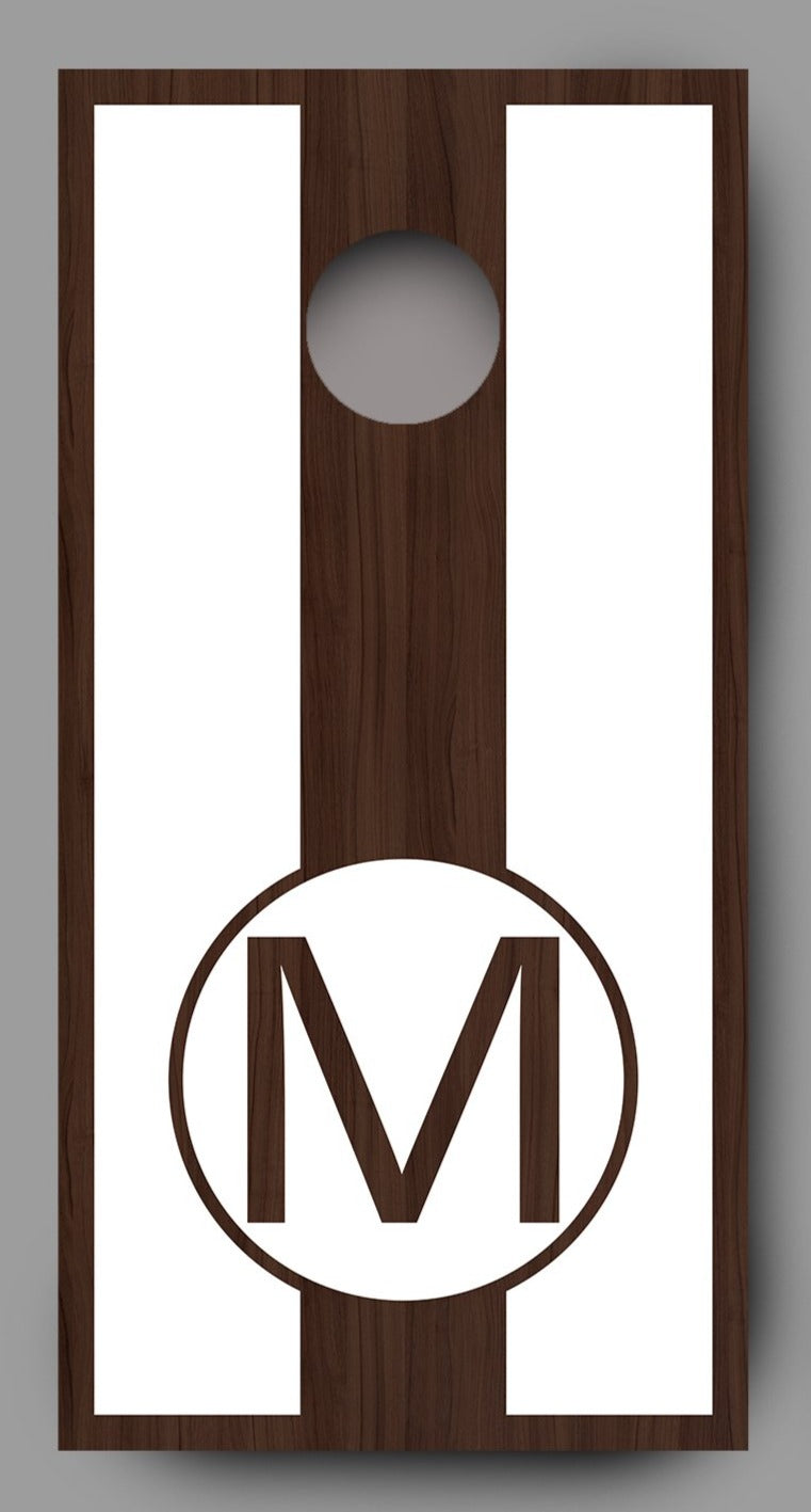 Custom Circle Initial on Wood White Lettering Cornhole Board Decal Wraps